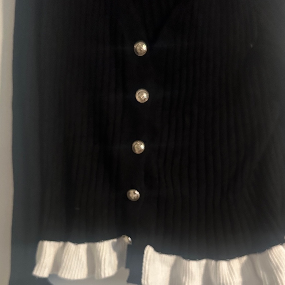 Black Ribbed Button Cardigan with White Ruffle Trim - Picture 5 of 6